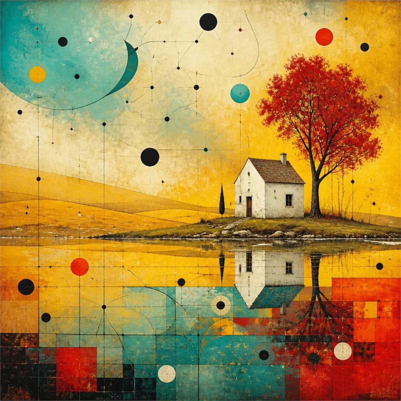 White house and red tree by water with colorful abstract geometric patterns and circles in artistic style