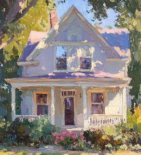 Impressionist painting of a cottage house with porch, trees, and flowers
