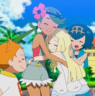 Group of smiling anime Pokemon girls embracing, with blue sky and palm trees behind them