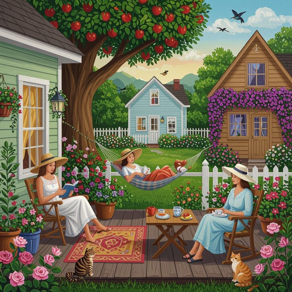 Illustration of charming garden with cottages, apple tree, flowers, people having tea, and white fences