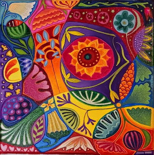 Colorful abstract painting with a central sunburst flower, leaves, and bold patterned shapes