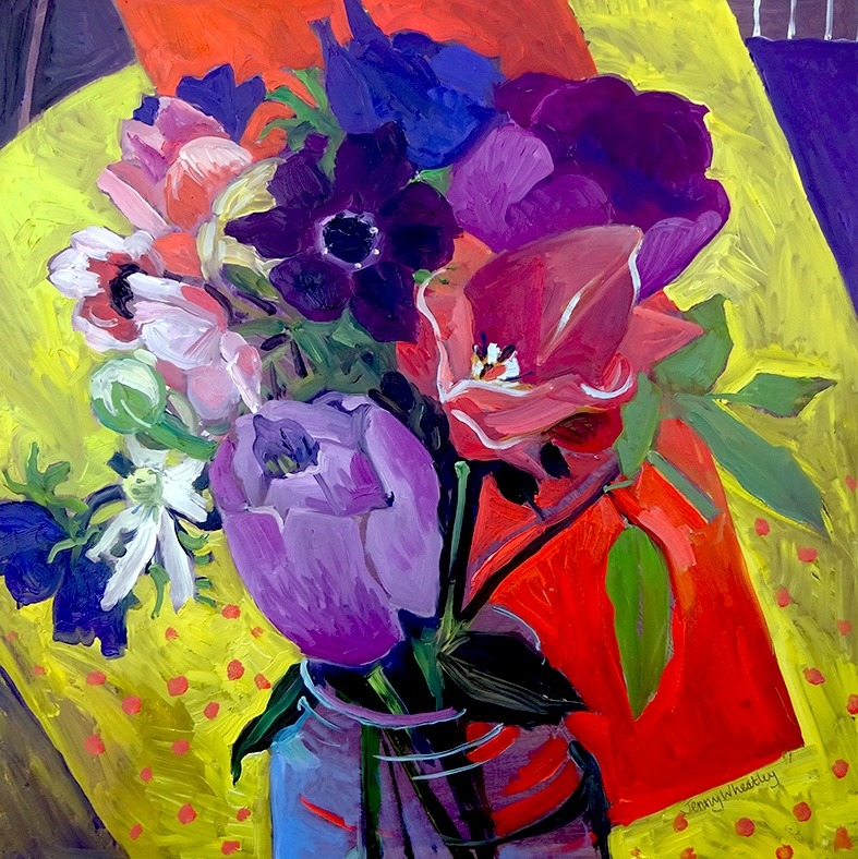 Colorful painted bouquet with purple, pink, and red flowers in vase on bright yellow and red background