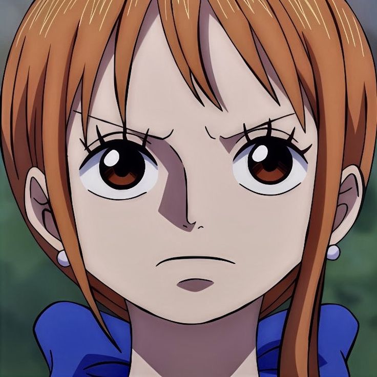 Anime portrait of Nami from One Piece with orange hair and serious expression