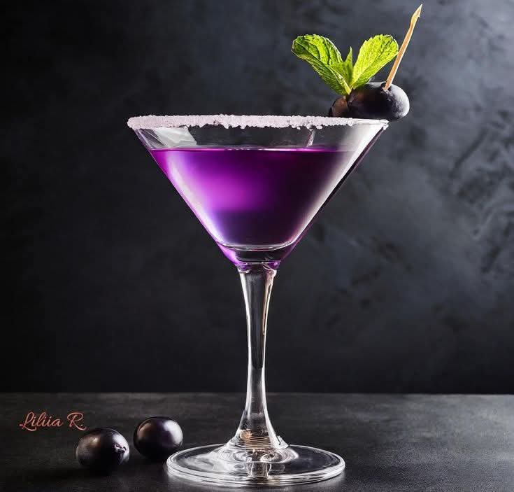Purple cocktail in a martini glass with sugar rim, mint garnish, and dark berries