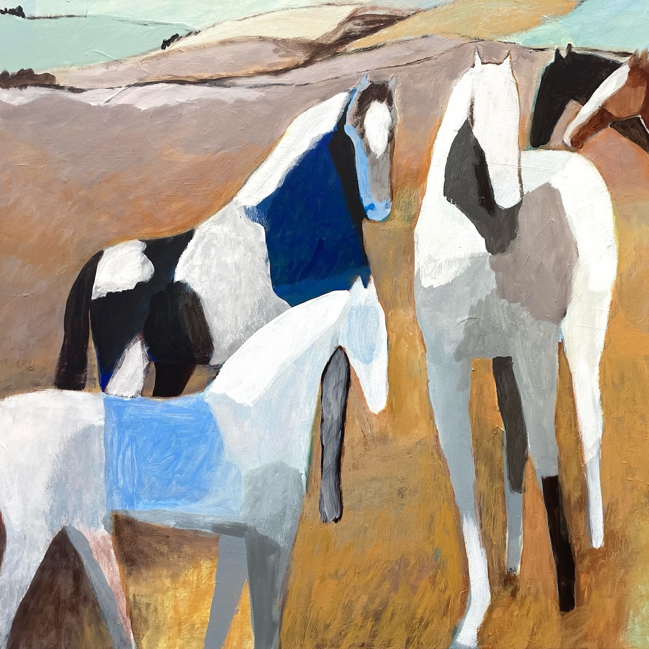 Abstract painting of white and dark horses standing in a landscape with rolling hills in muted earth tones