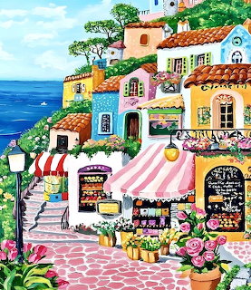 Colorful illustrated Mediterranean village with pastel buildings, market stalls, flowers, and ocean view