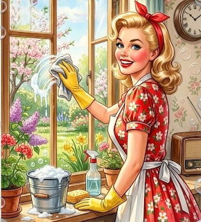 Smiling woman in red floral dress cleaning window with garden view in vintage kitchen setting