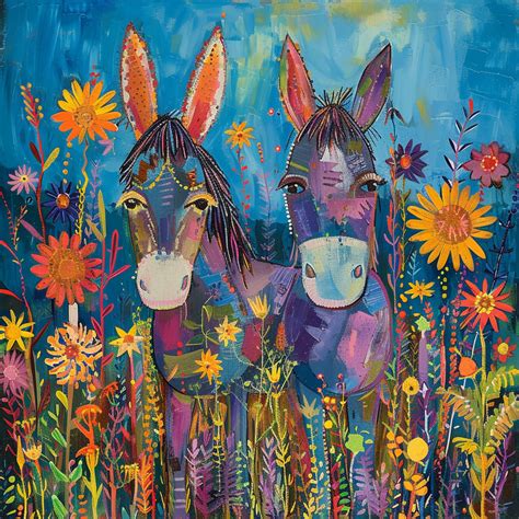 Painting of two donkeys among colorful flowers against a blue sky