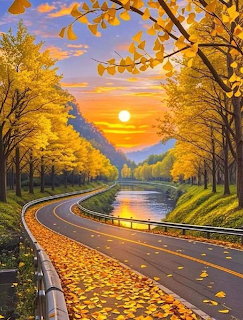Curved road covered in fallen yellow leaves beside a river with autumn trees and a sunset