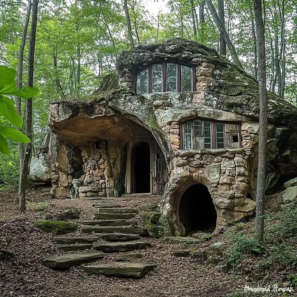 Abandoned stone house integrated into a cave opening in a wooded forest setting