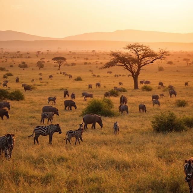 Zebras grazing on a golden savanna with a lone tree and distant hills