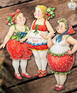 Three vintage illustrated girls dressed as strawberry maids with fruit-themed costumes and flowers in their hair