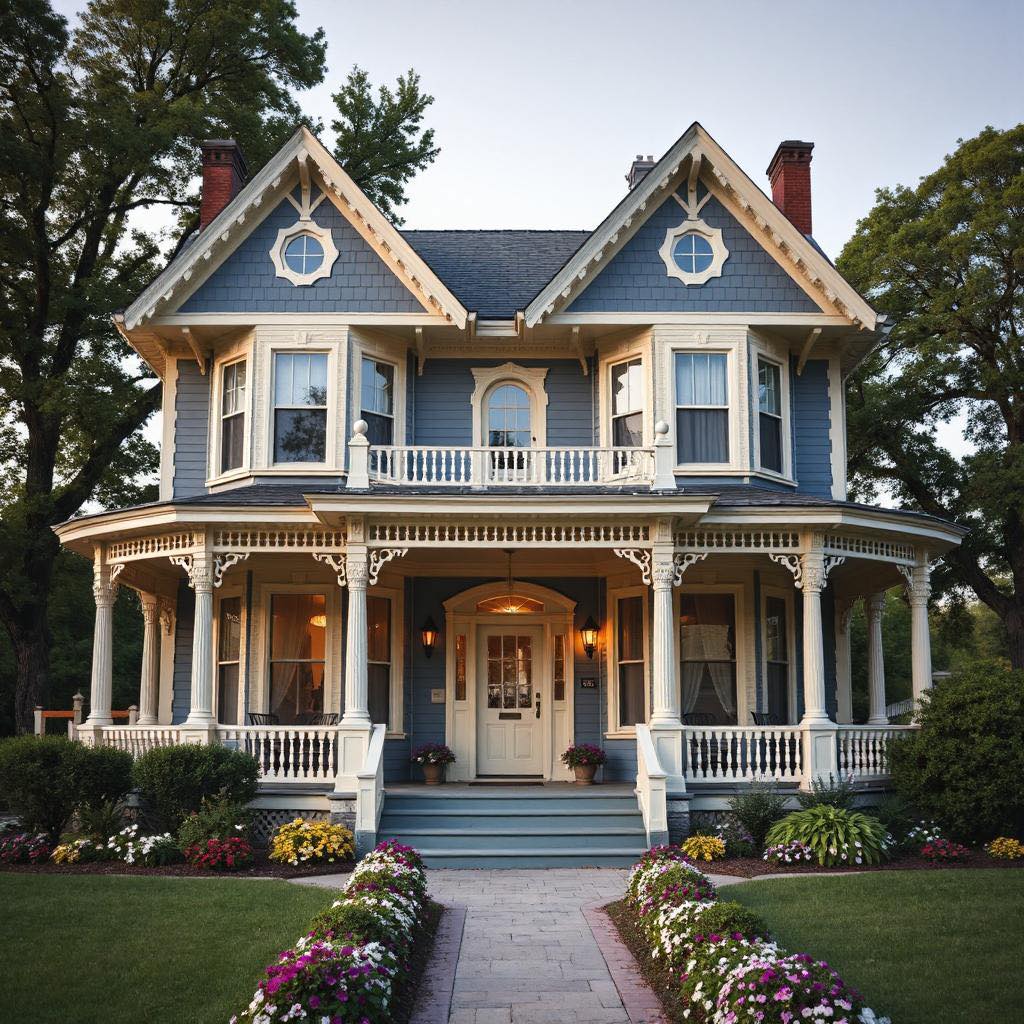 Victorian house with blue siding, white decorative trim, front porch, and landscaped yard