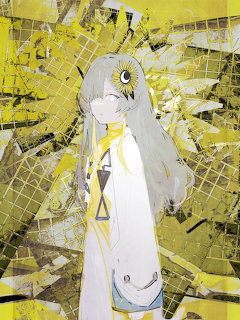 Anime girl with silver hair in white dress on yellow geometric background