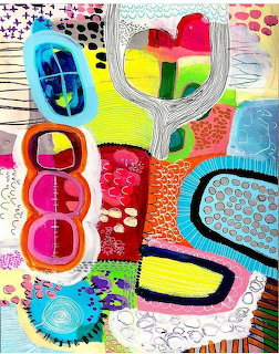Colorful abstract collage with geometric shapes, circles, and rainbow gradients in mixed media style