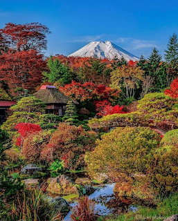Colorful Japanese garden with Mount Fuji, red maples, pond, and traditional building in autumn