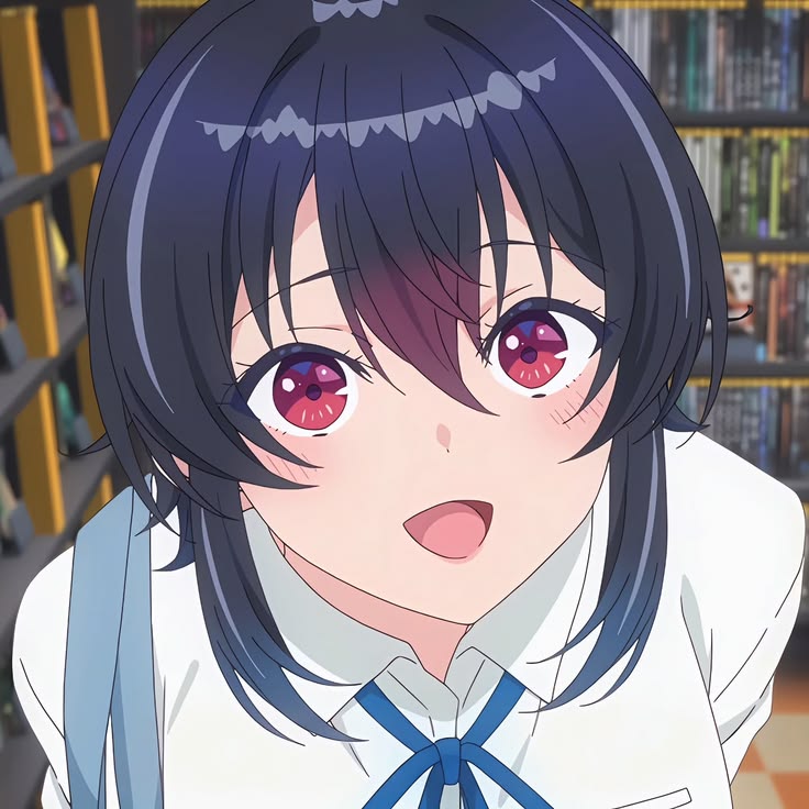 Smiling anime girl with dark hair, purple eyes, and school uniform in library setting