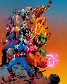 Comic art of Avengers superheroes posing together against an orange sky