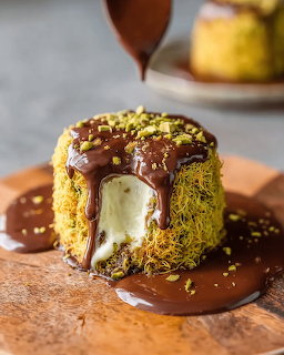 Pistachio cake with chocolate drizzle and creamy white filling oozing out