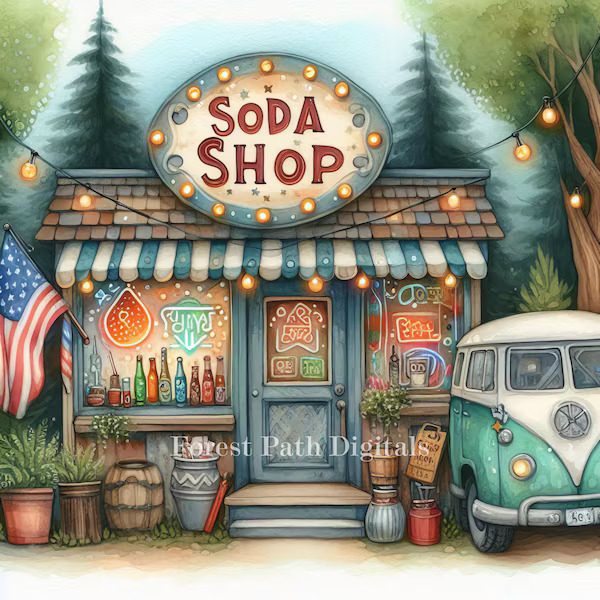 Illustrated vintage soda shop with string lights, American flag, and retro van by trees