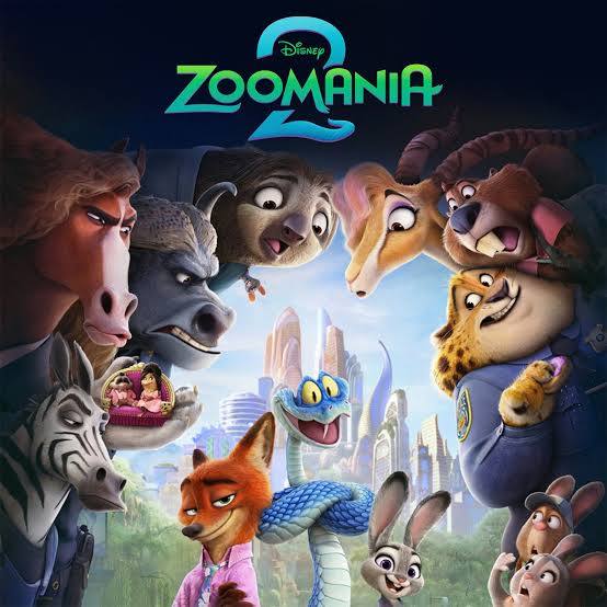 Zoomania animated movie poster with diverse animal characters gathered around a modern city skyline