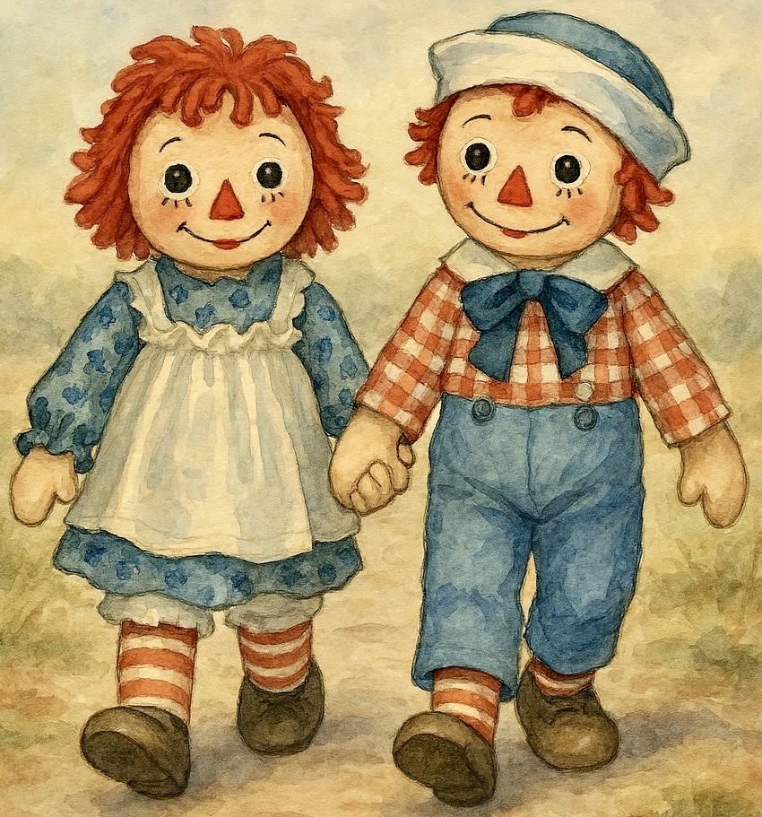 Raggedy Ann and Andy dolls holding hands, watercolor illustration with red yarn hair and vintage cloth outfits