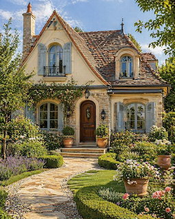 French style stone cottage with arched windows, climbing vines, and a garden path lined with flowers