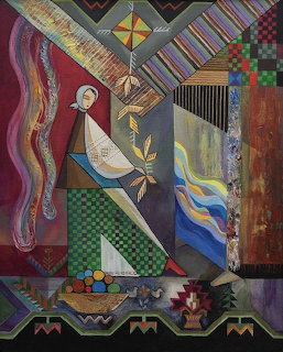 Folk art painting of woman with kite amid colorful geometric patterns and decorative quilt-like borders