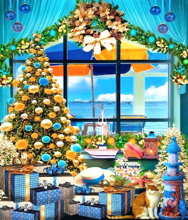 Christmas tree with seashells and blue ornaments next to dessert table with ocean view