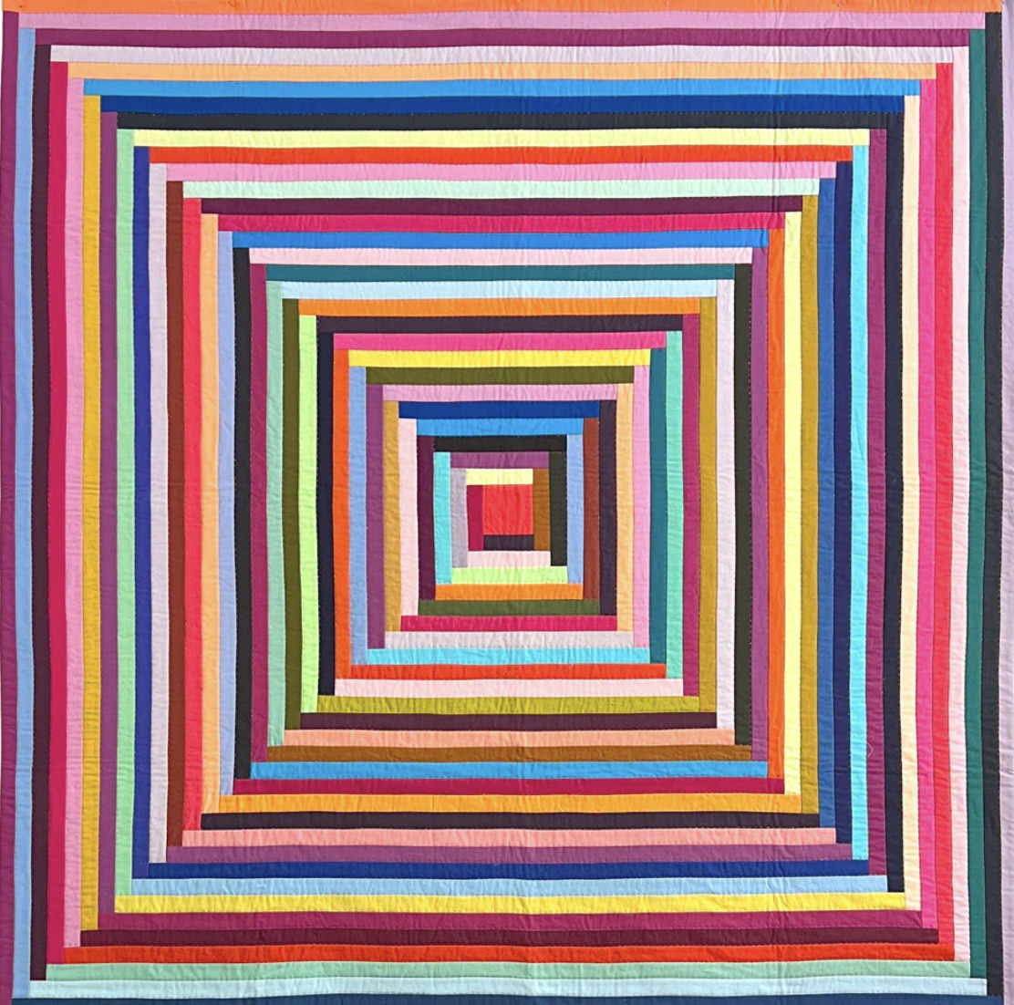 Concentric squares in rainbow colors creating an optical illusion tunnel pattern