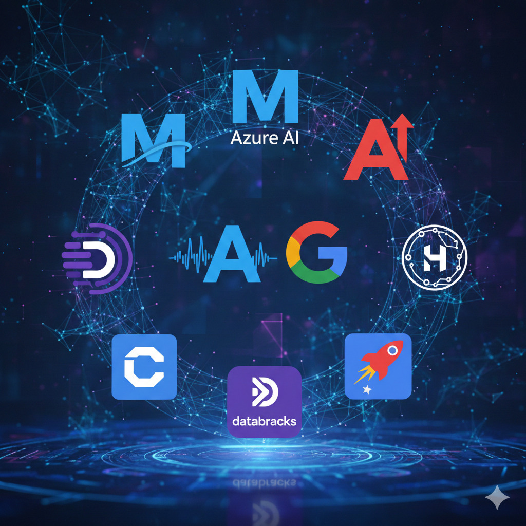 AI and tech logos on a glowing blue digital network background