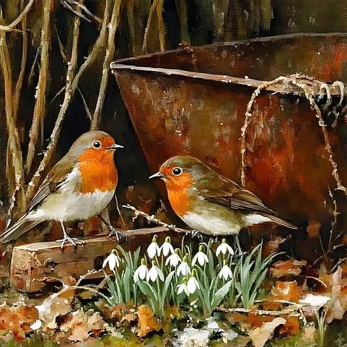 Robins on Plank with Snowdrops