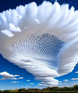Dramatic circular cloud formation with radiating pattern against blue sky over landscape