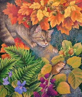 Illustration of a cat watching a mouse in autumn leaves with ferns and flowers