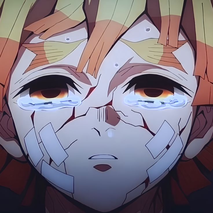 Close-up anime portrait of Zenitsu Agatsuma with yellow hair and orange eyes looking upward with serious expression