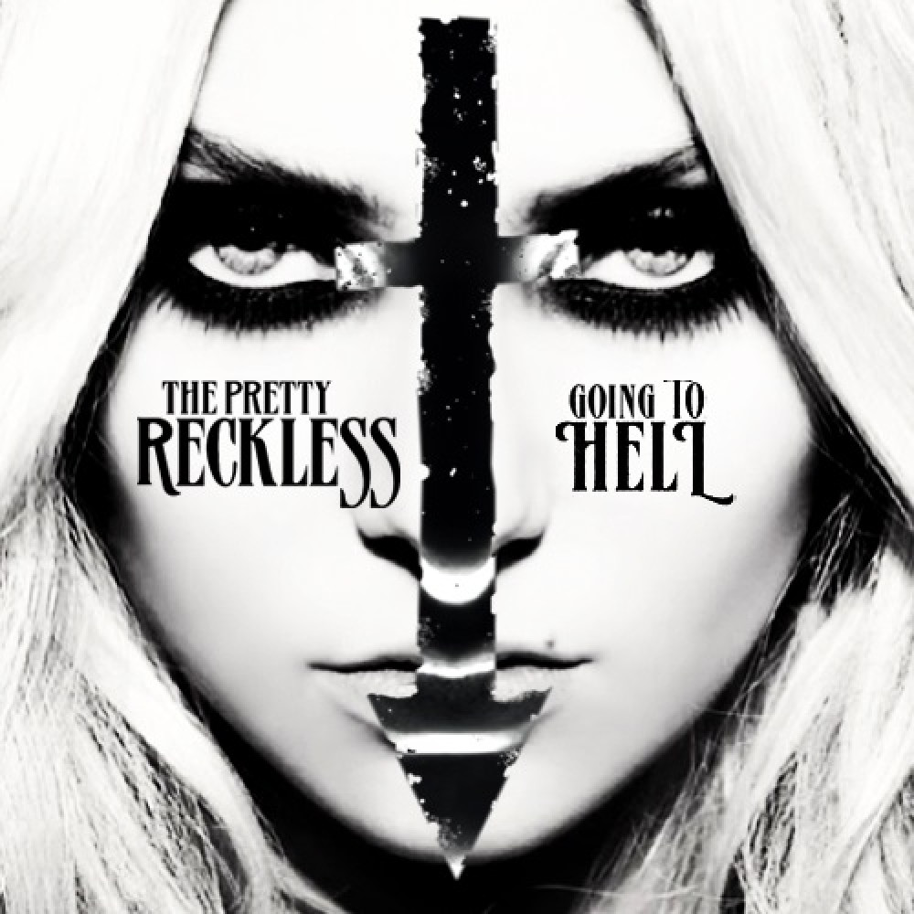 Black-and-white album cover with a woman’s face, a black cross, and The Pretty Reckless Going to Hell text