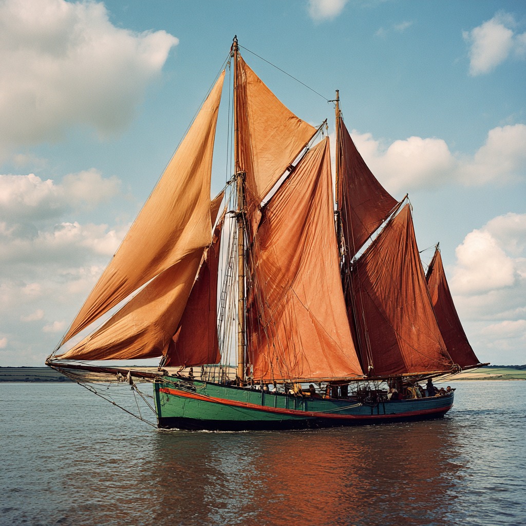Traditional wooden sailing ship with two large red-orange sails on calm water