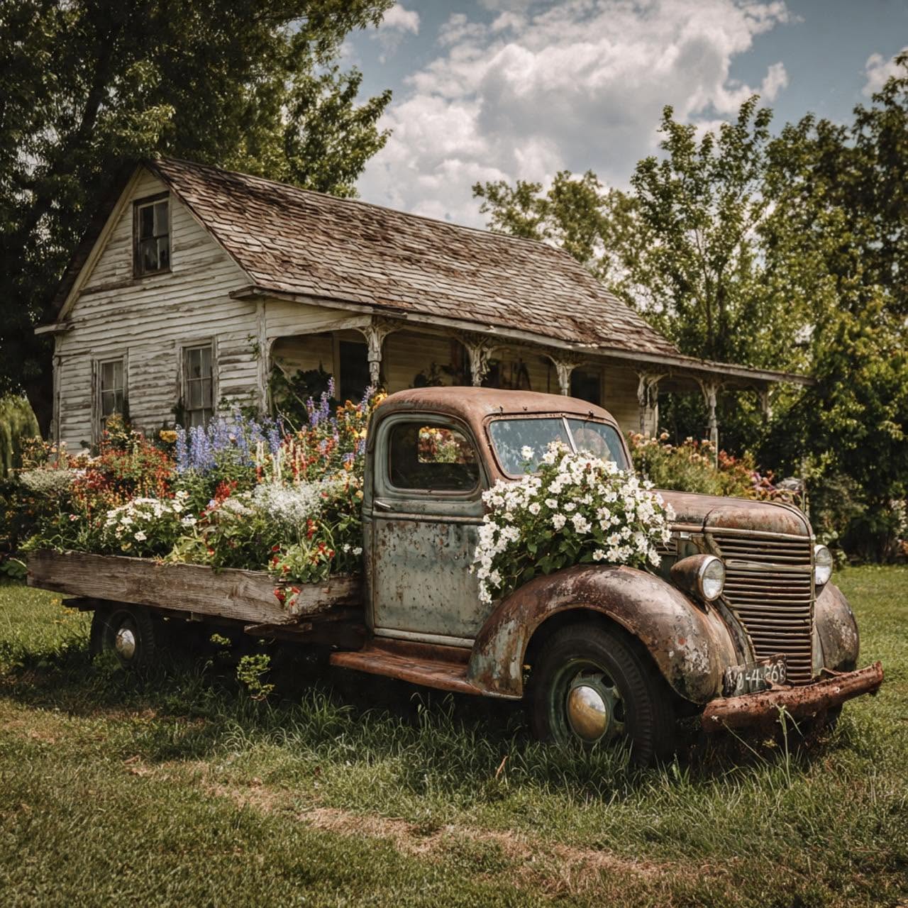Rusty vintage pickup truck with flower-filled bed parked beside an old farmhouse