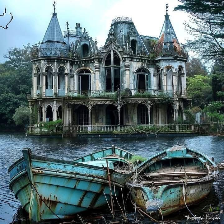 Abandoned ornate mansion with turrets beside lake, weathered boats in foreground