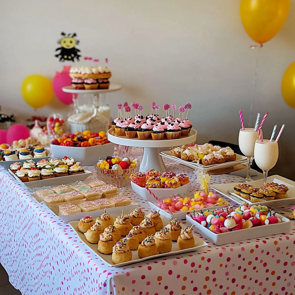 Birthday dessert table with cakes, pastries, fruit skewers, and balloons