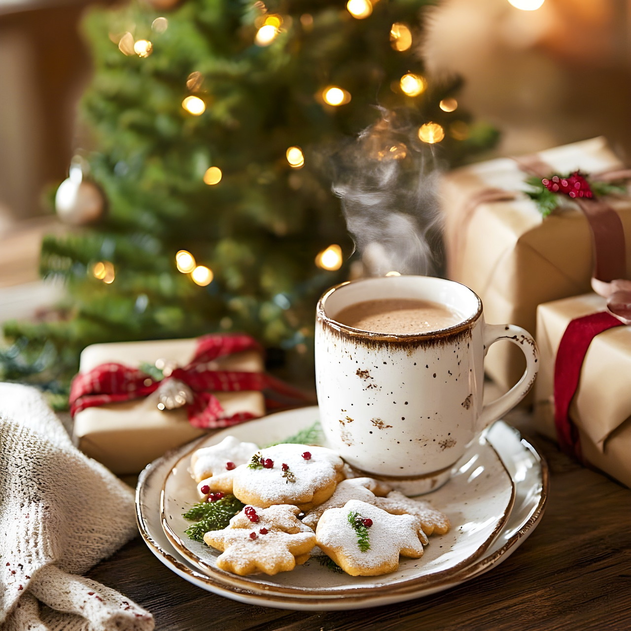Steaming mug of cocoa with iced Christmas cookies on a plate beside wrapped presents and a lit tree