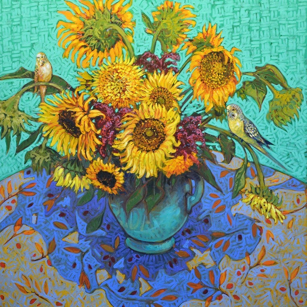 Colorful painting of sunflowers in turquoise vase with two green parakeets on textured teal and blue background