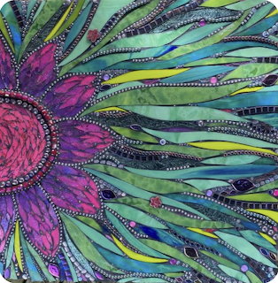 Abstract mosaic flower with purple center and green-blue radiating petals decorated with dots and patterns