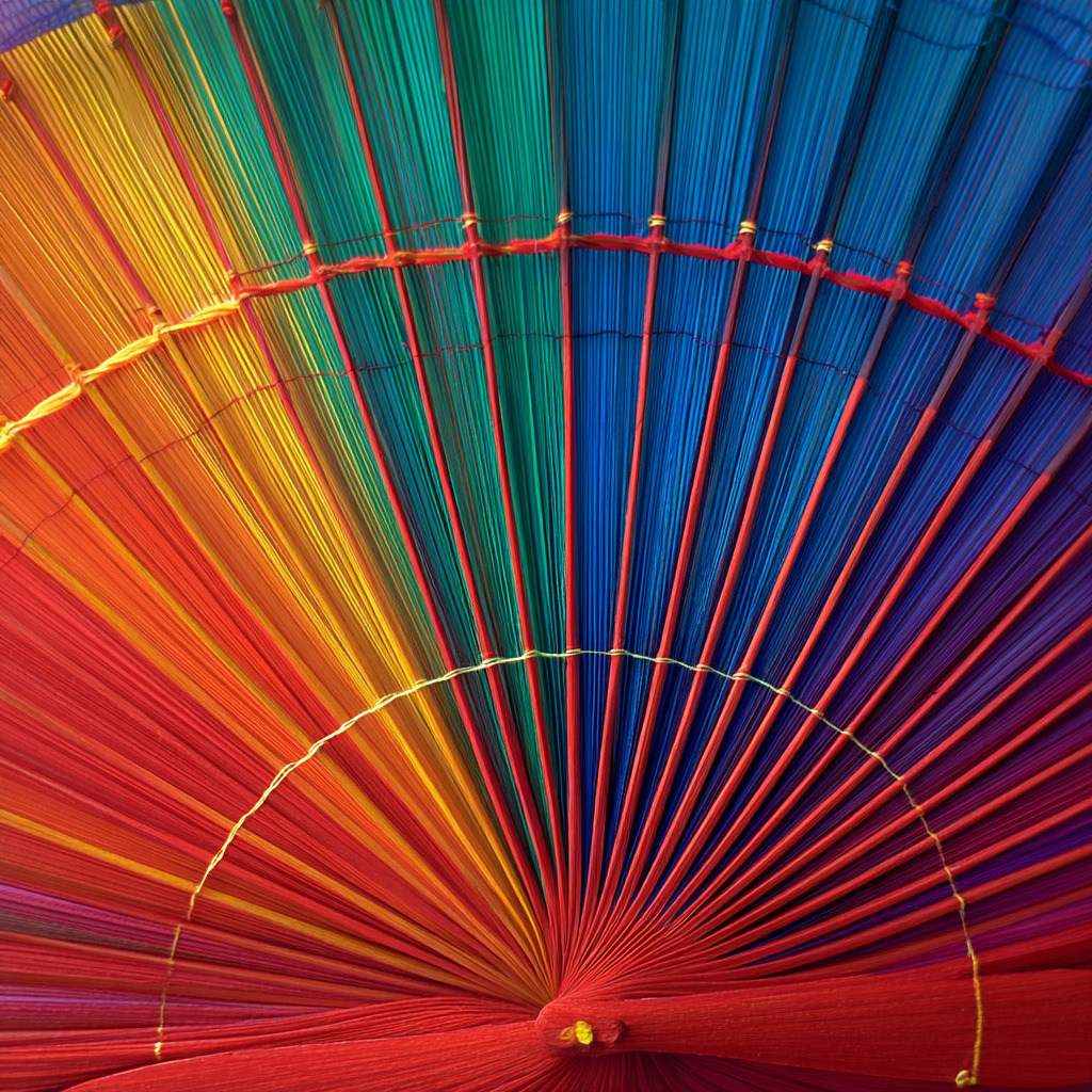 Open folding hand fan with rainbow gradient from red to blue with radiating pleats