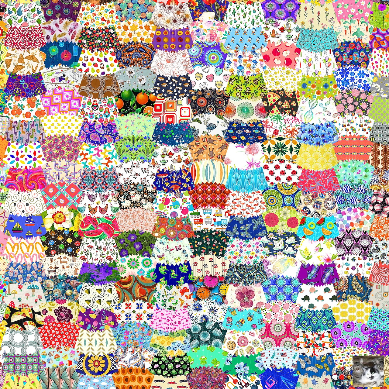 Dense patchwork quilt grid with multicolored fabric squares showing various patterns like flowers, polka dots, and stripes
