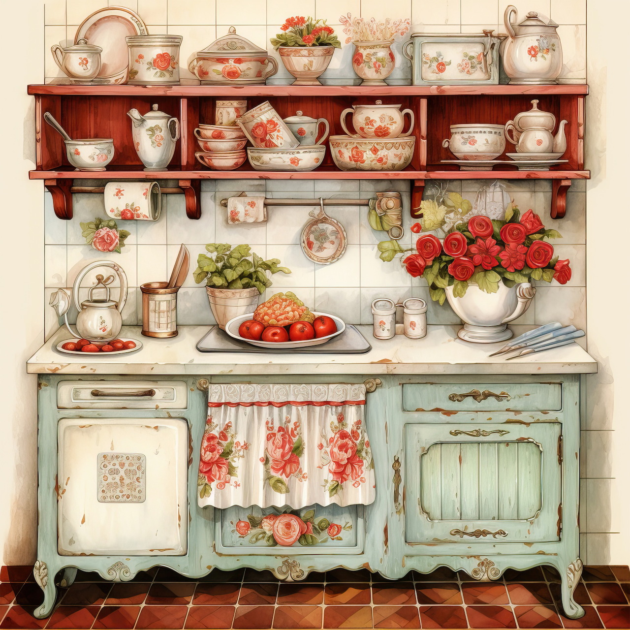 Vintage country kitchen with mint cabinet, floral dishes on shelves, strawberries and roses on counter