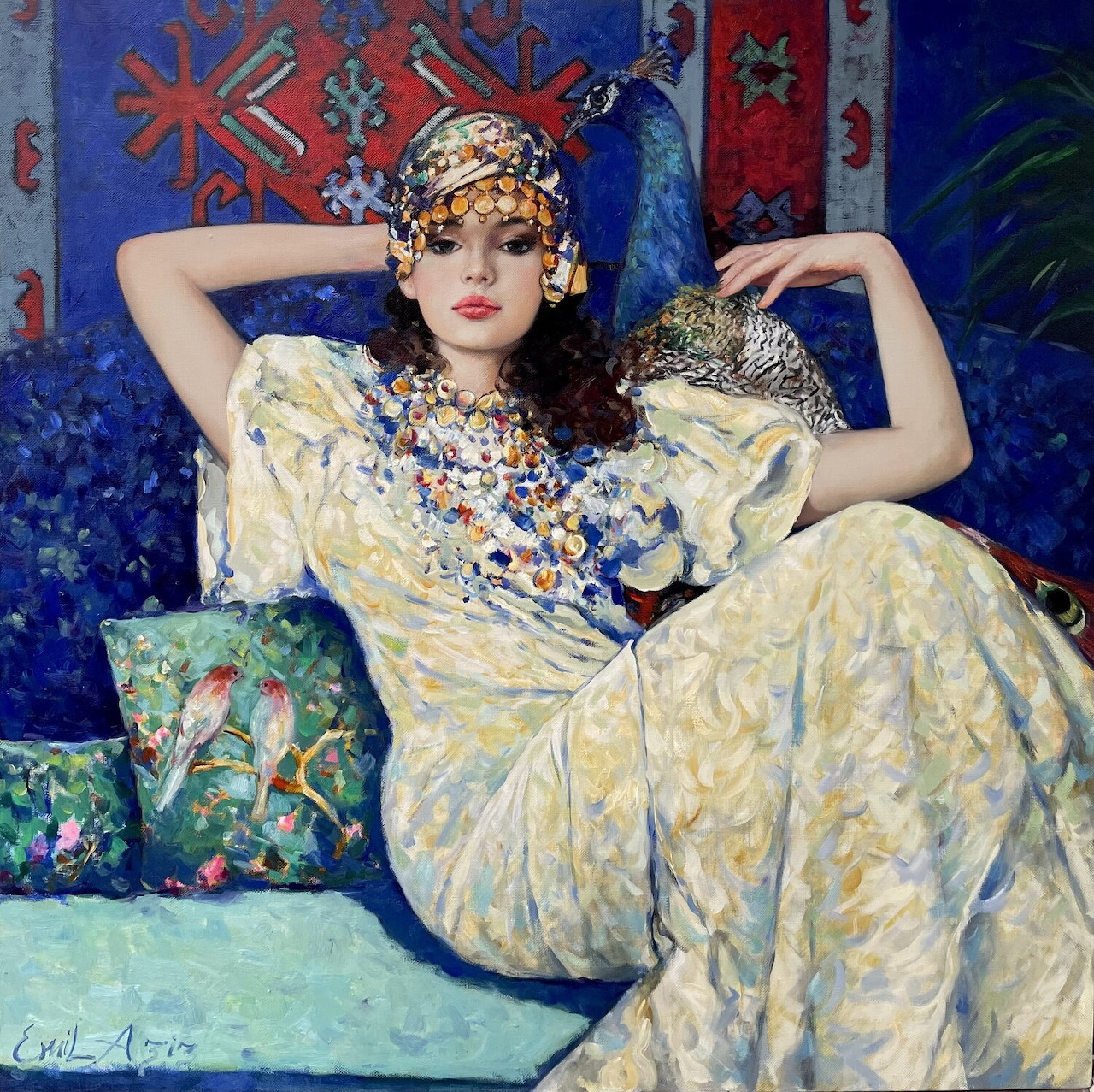Woman in elaborate yellow dress with jeweled crown reclining on cushions against ornate blue patterned backdrop