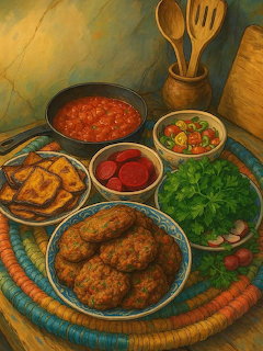 Painting of a rustic food spread with fried patties, toast, tomatoes, herbs, and bowls on a woven tray