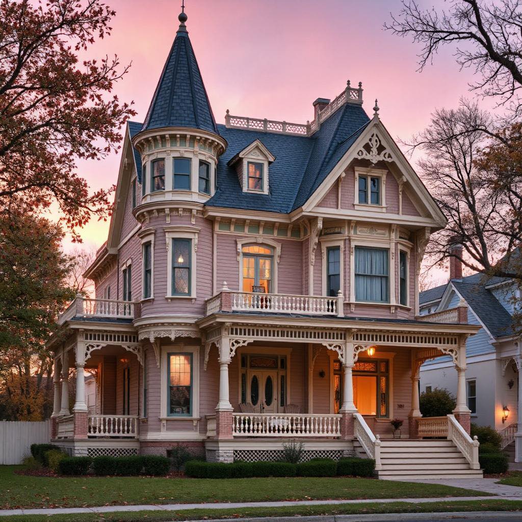 Pink Victorian house with a turret and porch at sunset