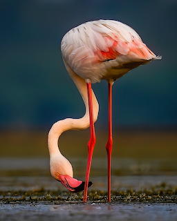 Pink flamingo standing in shallow water prening its feathers against a dark blue-green background